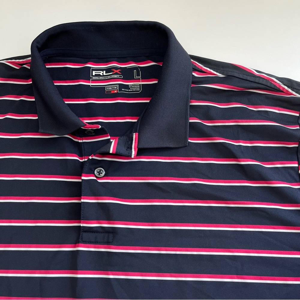 RLX Ralph Lauren Men’s Pink Navy Stripe Short Sleeve Polo Golf large